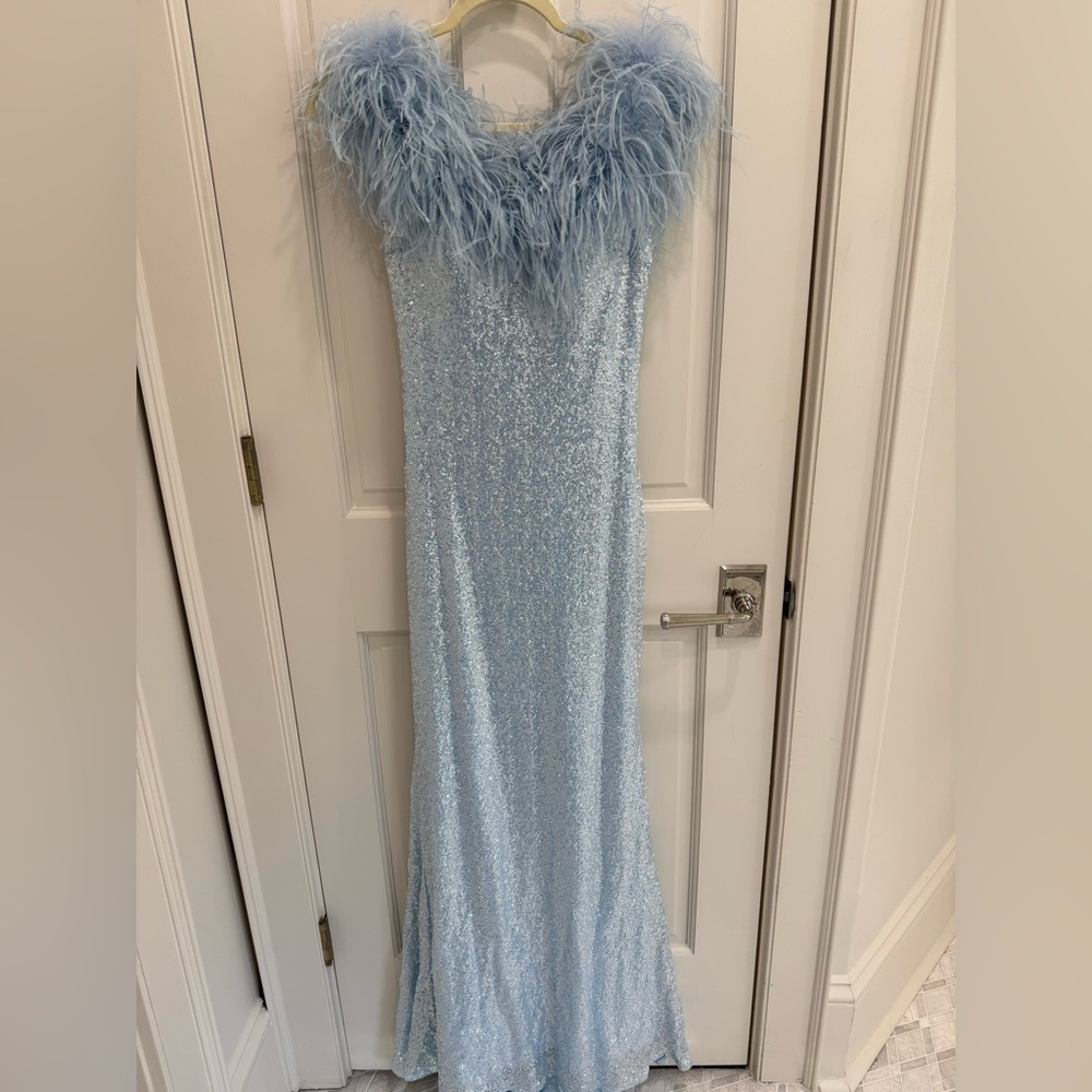 Jovani light Blue Sequin Gown with Feather Trim